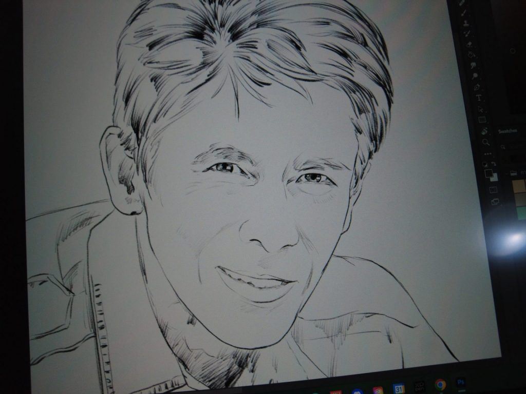 ภาพวาดเส้นร่างขาวดำของใบหน้าผู้ชายบนหน้าจอคอมพิวเตอร์ แสดงรายละเอียดเส้นผมและโครงหน้าอย่างชัดเจน