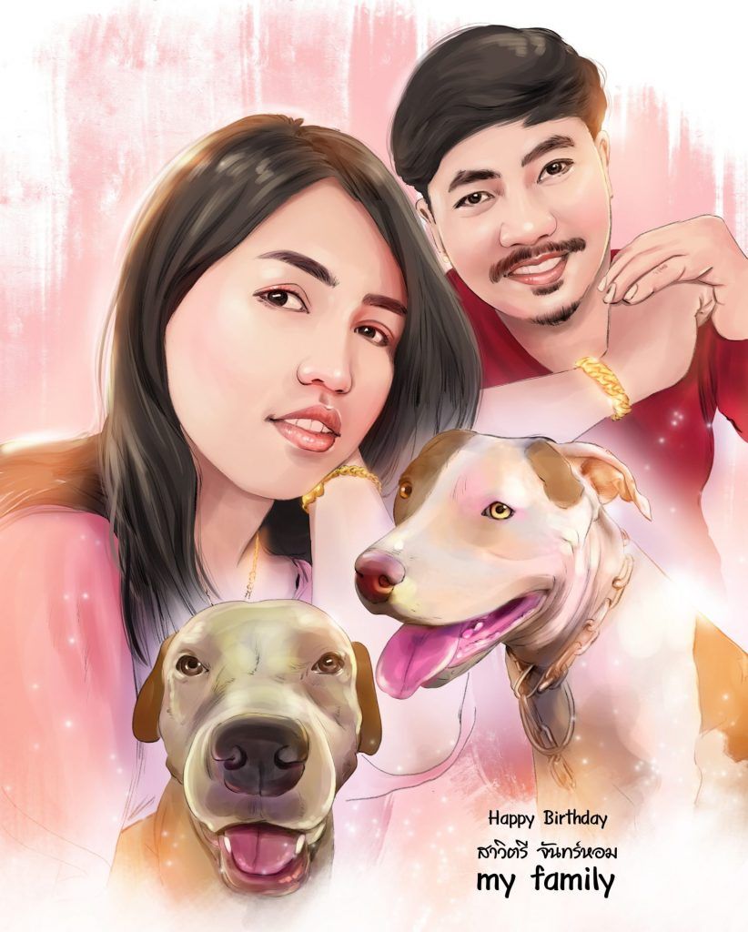 วาดภาพเหมือนจริงคู่รักและสุนัขสองตัว พื้นหลังโทนชมพู ข้อความ Happy Birthday