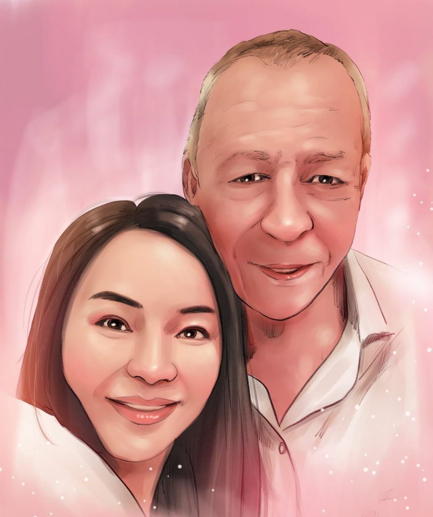 ภาพวาดเหมือนจริงคู่รักหญิงชาย ใส่เสื้อเชิ้ต ยิ้มถ่ายรูปคู่กัน พื้นหลังสีชมพูฟุ้งๆ