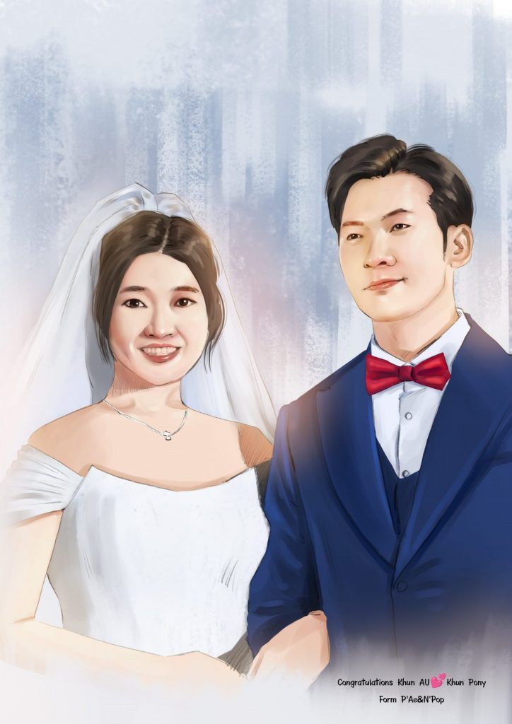 ภาพวาดเหมือนจริงคู่บ่าวสาว เจ้าสาวชุดแต่งงานสีขาว เจ้าบ่าวใส่สูทผูกโบว์แดง ฉากหลังโทนสีฟ้าอ่อน