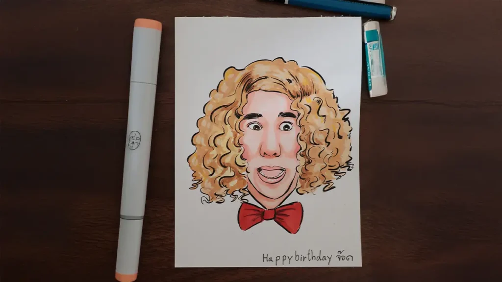 ภาพวาดการ์ตูนล้อเลียนผู้ชายผมหยิกสีทอง สวมโบว์สีแดง แสดงสีหน้าตกใจ ราคา300 บาท ขนาด A6