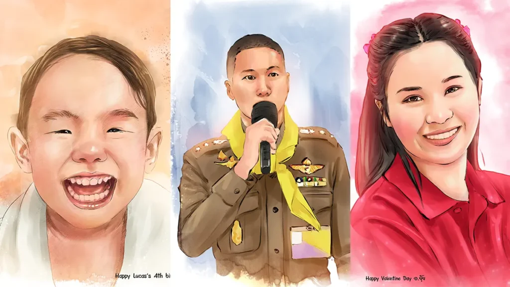 ภาพวาดเหมือนจริง เด็กชายยิ้มกว้าง ตำรวจถือไมโครโฟนพูด และหญิงสาวใส่เสื้อแดงฉากหลังชมพู