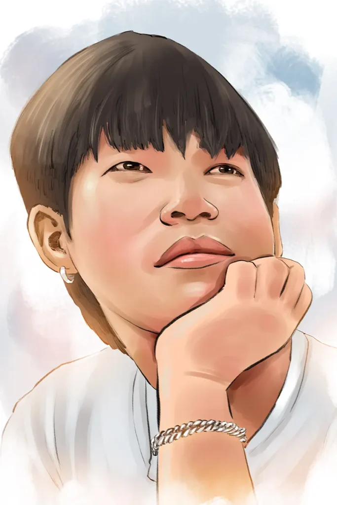 ภาพวาดดิจิตอลเพ้นท์ผู้ชายใส่เสื้อยืดสีขาว กำลังเท้าคาง ใส่ต่างหูและสร้อยข้อมือเงิน สายตาเหม่อมองบน