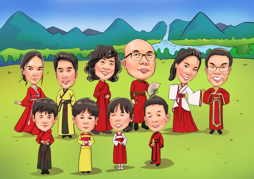 ภาพวาดการ์ตูนล้อเลียนกลุ่มเพื่อน แต่งชุดไทยโบราณ ถ่ายรูปร่วมกันกลางแจ้ง