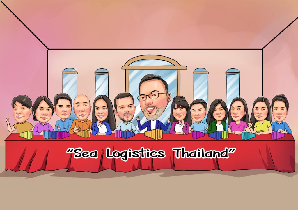 ภาพวาดการ์ตูนล้อเลียนกลุ่มทีมงานประชุมในห้อง Sea Logistics Thailand