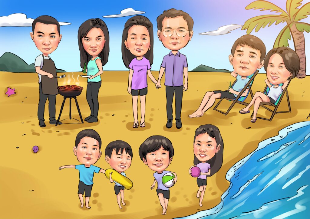 ภาพวาดการ์ตูนล้อเลียนครอบครัวใหญ่ พ่อแม่ลูก เที่ยวพักผ่อนที่ชายทะเล