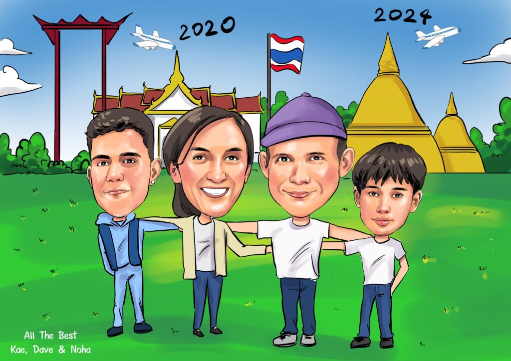 ภาพวาดการ์ตูนล้อเลียนกลุ่มเพื่อนหรือครอบครัวยืนหน้าสถานที่ท่องเที่ยวสำคัญของประเทศไทย มีบรรยากาศเป็นกันเอง
