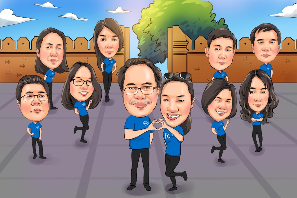 ภาพวาดการ์ตูนล้อเลียนกลุ่มเพื่อน ยืนถ่ายรูปที่สถานที่ราชการ