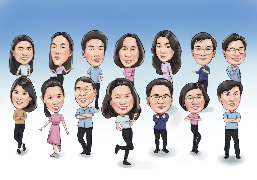  ภาพวาดการ์ตูนล้อเลียนกลุ่มเพื่อนร่วมงาน ผู้ชายผู้หญิงหลากหลายยืนถ่ายรูปหมู่