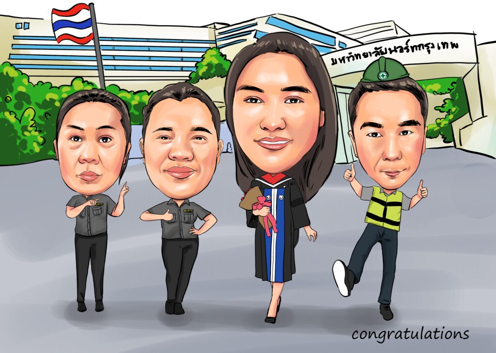 ภาพวาดการ์ตูนล้อเลียนกลุ่มคนยืนหน้าสำนักงาน บรรยากาศแบบทีมเวิร์คและความสำเร็จ
