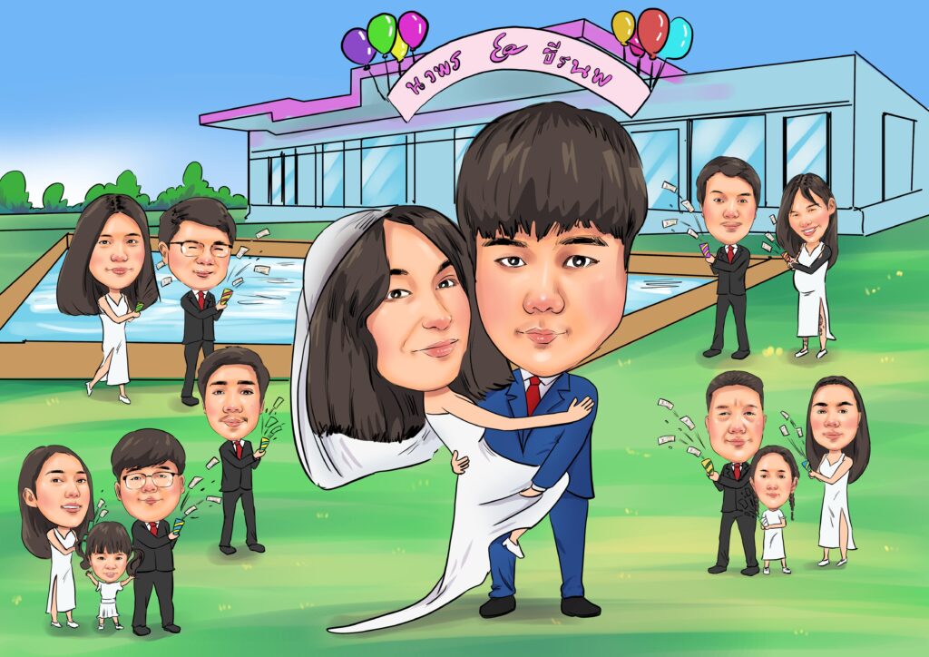 ภาพวาดการ์ตูนล้อเลียนกลุ่มเพื่อนในงานเลี้ยง ยืนถ่ายรูปหน้าร้านอาหารบรรยากาศอบอุ่น