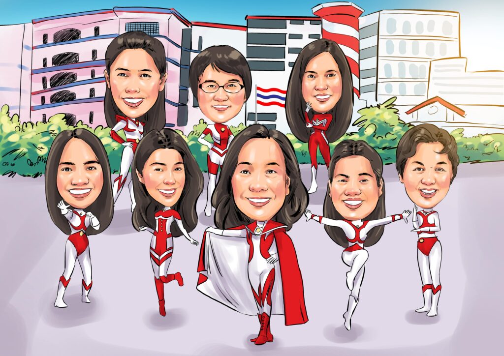 ภาพวาดการ์ตูนล้อเลียนทีมงานผู้หญิงในชุดกีฬาสีแดง-ขาว ยืนเรียงหน้าสำนักงาน