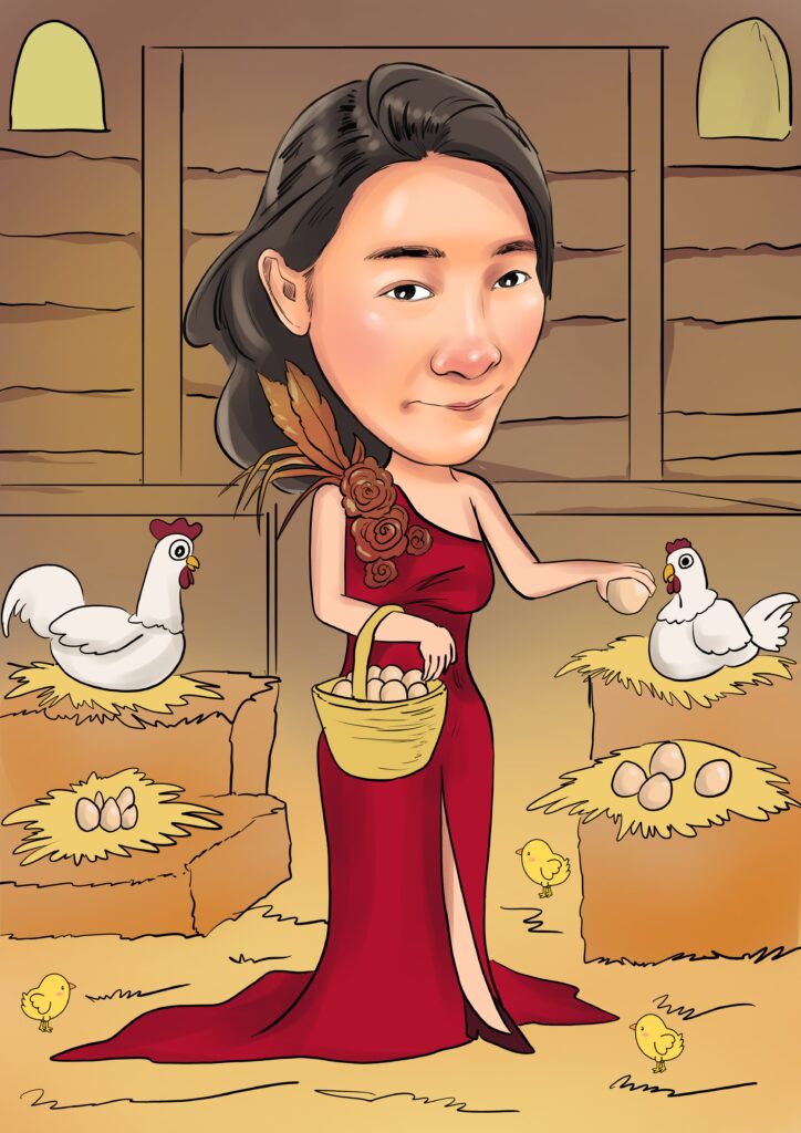 การ์ตูนล้อเลียนผู้หญิงในชุดเดรสกำลังเก็บไข่ในเล้าไก่ ถ่ายทอดบรรยากาศชนบทแบบอบอุ่น