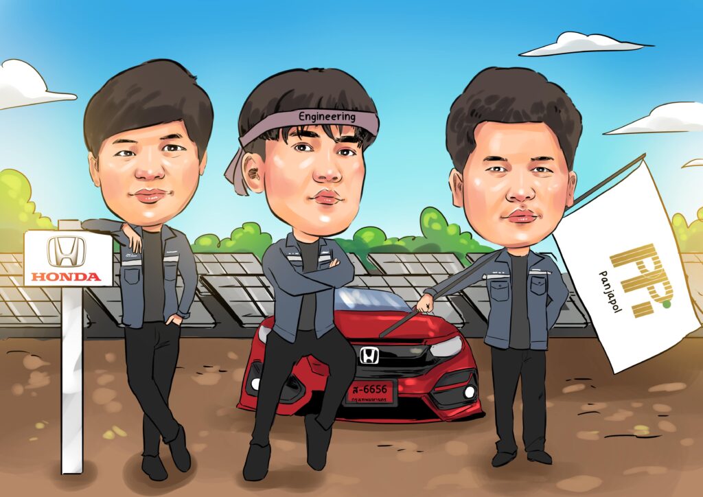 ภาพวาดการ์ตูนล้อเลียนทีมงานสามคนยืนหน้ารถยนต์ บรรยากาศทีมงานมืออาชีพและมิตรภาพในที่ทำงาน