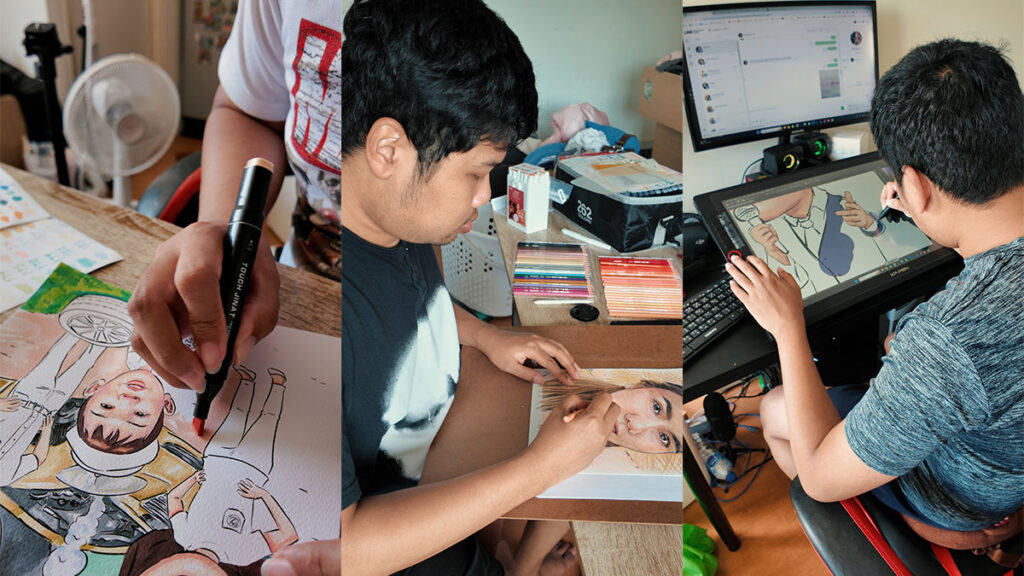 ช่างเหินกำลังวาดภาพด้วยสามเทคนิค ทั้งสีโคปิค สีไม้ และดิจิตอลเพ้นท์