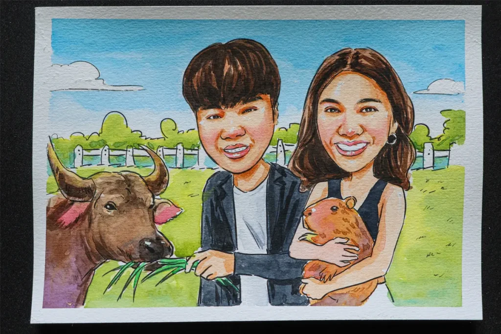 ภาพการ์ตูนล้อเลียนขนาด A5 ผู้ชายกับผู้หญิงกำลังให้อาหารควายและอุ้มคาปิบาร่า