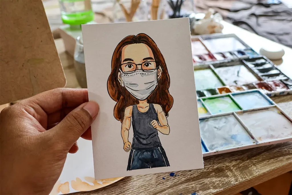 ภาพการ์ตูนล้อเลียนคนผมยาวใส่ชุดออกกำลังกายสีดำทำท่ากลังวิ่งขนาด A5
