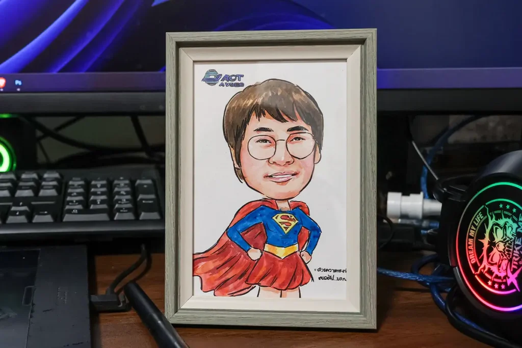 ภาพการ์ตูนล้อเลียนสีน้ำผู้หญิงใส่แว่นผมสั้น ใส่ชุดซูเปอร์ฮีโร่หญิง ซูเปอร์เกิร์ล