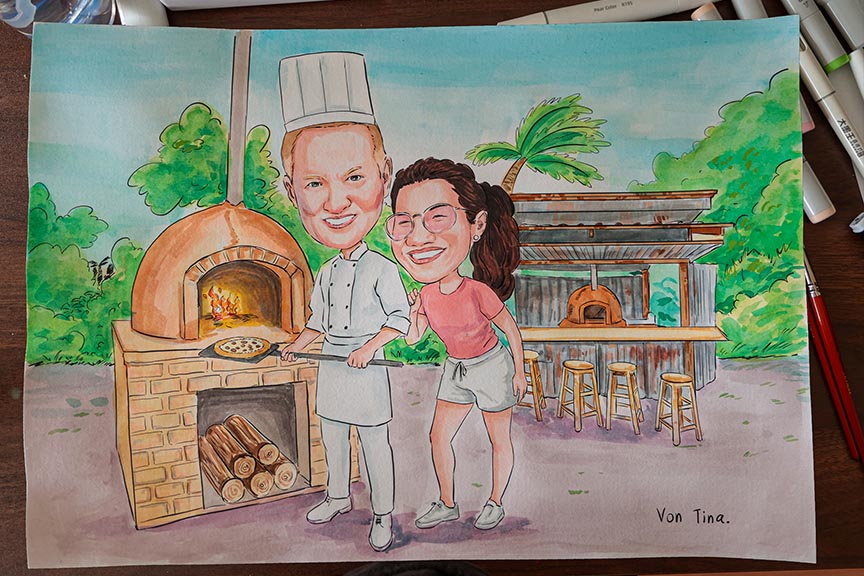 วาดรูปเป็นของขวัญ เหมาะกับโอกาสไหนบ้าง? ภาพวาดการ์ตูนเชฟกับผู้หญิงหน้าเตาพิซซ่า เหมาะสำหรับมอบเป็นของขวัญให้เจ้าของร้านอาหาร