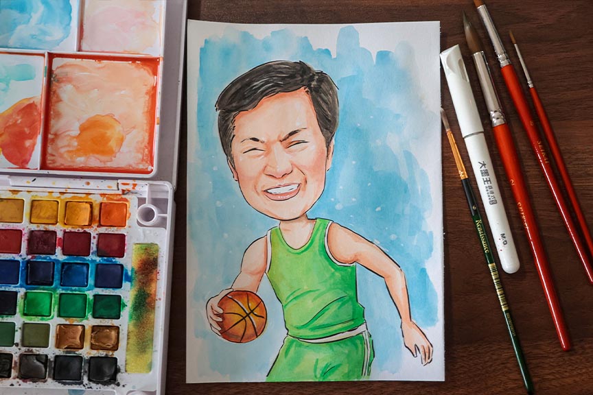 ภาพการ์ตูนล้อเลียนผู้ชายใส่ชุดกีฬา ถือลูกบาสเกตบอลบนกระดาษวาดรูป