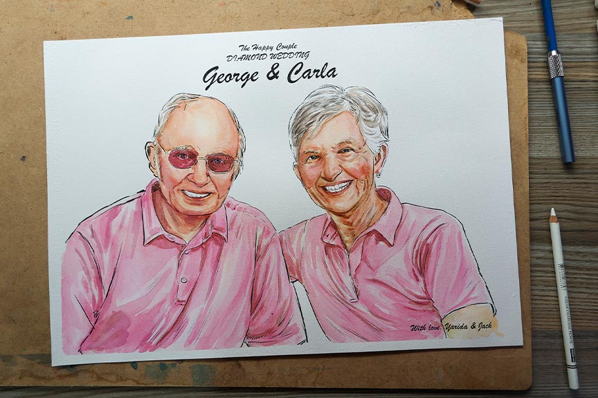 ภาพวาดสีน้ำคู่ผู้ชายและผู้หญิงสูงวัย สวมเสื้อสีชมพูบนกระดาษวาดรูป