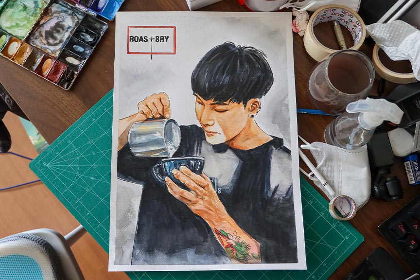 ภาพวาดผู้ชายชงกาแฟ แสดงรายละเอียดงานอดิเรกที่ช่วยให้ภาพวาดดูเฉพาะตัวมากขึ้น